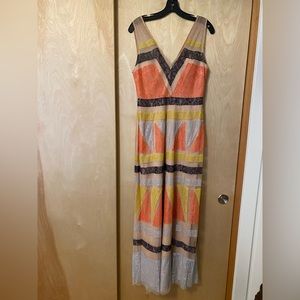 BcbgMaxAzria mesh and lace geometric maxi dress gown